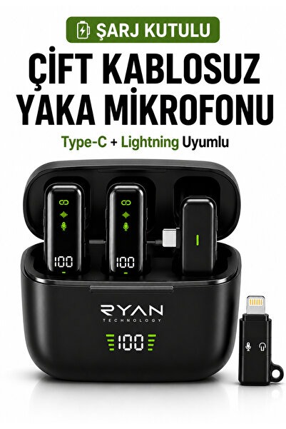 Ryan Kablosuz Yaka Mikrofonu 2'li Type-C ve Lightning Uyumlu Gürültü Azaltmalı