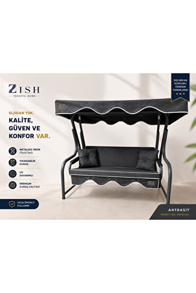 zishtekstil Keten Kumaş Süngerli Gölgelikli 3 Kişilik Salıncak Minderi 8 cm