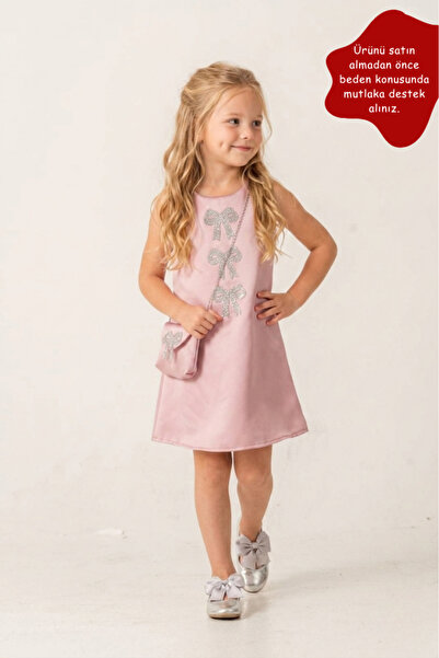 Eray Kids Girl's Satin Bow Detailed Evening Dress and Bag Set