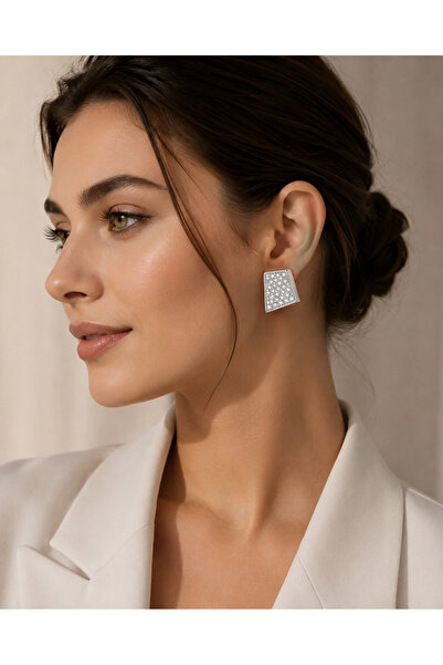 coco shopier Brass Silver Color Zircon Stone Plate Model Women's Earrings