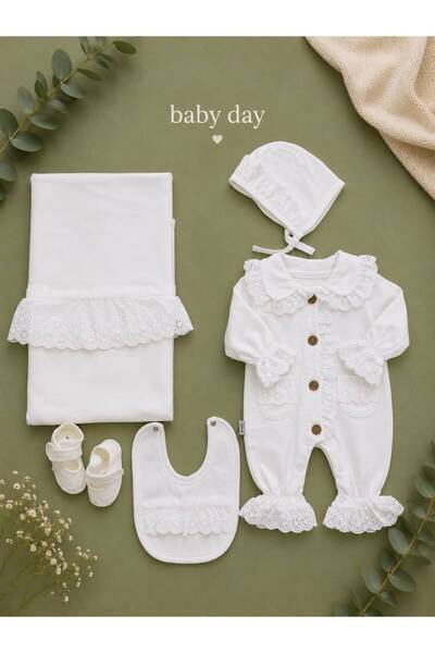 Baby day طقم استقبال مواليد بناتي 5 قطع قطن أبيض بياقة وجيوب دانتيل كشكشة