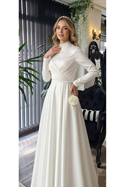 makbuleofficial Ekrubeyaz Saten Kumaştan, Pile Detaylı, Söz Nişan Nikah İçin ...