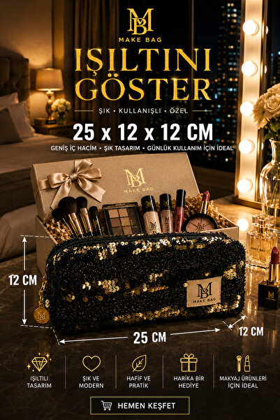 MAKE BAG YENİ BÜYÜLTÜLMÜŞ SİYAH BONCUKLU MAKYAJ ÇANTASI (25X12X12 DETAYLAR GÖ...