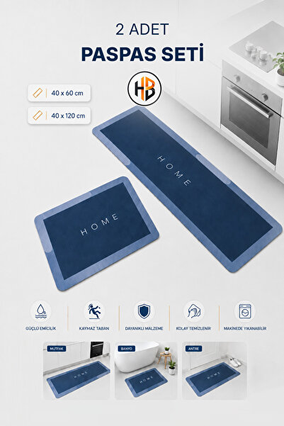 HOBİLON (2 Adet) 40×60 ve 50×120 Cm Banyo Mutfak için Su Emici & Kaymaz Taban...