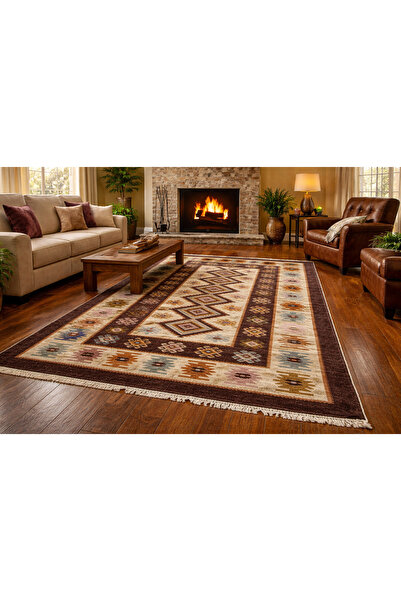 OEM Covor tradițional, dimensiune 140 x 210 cm, mahon și crem, model Rustic