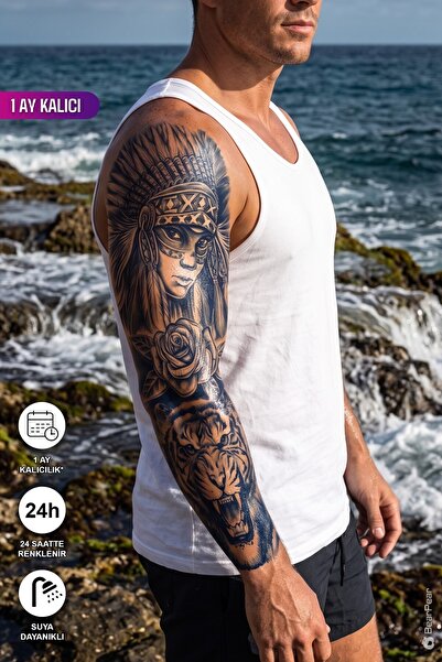 BP Tattoo 1 Ay Kalıcı Kol Dövmesi Kızılderili Kadın Kol Kaplama Kaplan Dövme
