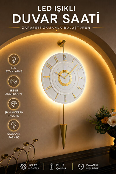 MetaQuartz Aksesuar GOLD - Galileo - Elegant Series Ledli Duvar Saati