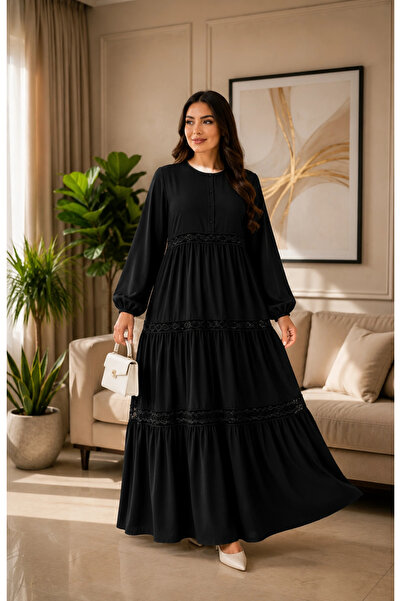 AZRA BUTİK Magnolia Pattern Lace Detailed Dress Black