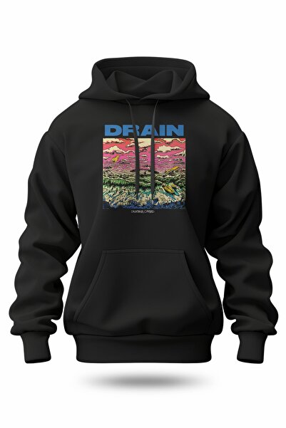 buzagi tasarım ürünleri Drain Digital Print Hooded Unisex Sweatshirt
