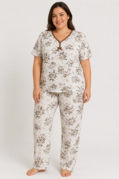 CottonVia Set de pijamale pentru mamă, decolteu în V, model floral, mânecă sc...