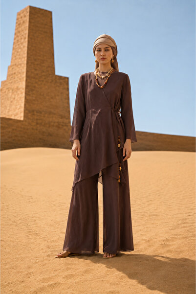 Zühre Asymmetric Belted Flowy Brown Suit 1878