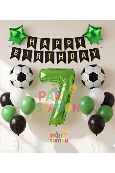 Parti Station Futbol Maç Konsept Yeşil Rakam 7 Yaş Balon Futbol Konsept Yeşil...