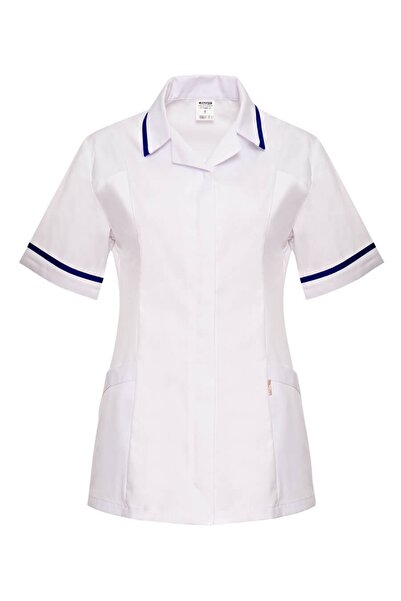 İŞMONT Women's White Short Sleeve Uniform Classic Collar Piping Detailed Zipp...