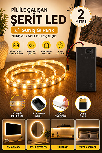 Beyaz Pırıltı Günışığı Renk Pil Ile Çalışan Şerit Led 2 Metre Pilli Şerit Led...