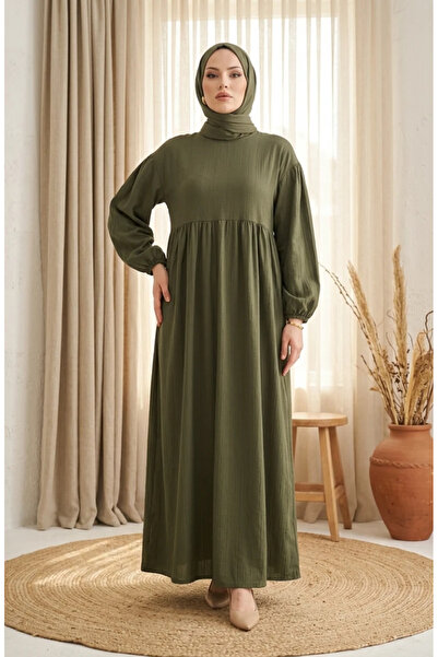sefamerve Krinkil Fabric Gathered Hijab Dress 2283-01 Green
