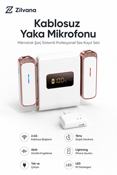 Zilvana Microna Manyetik Kablosuz Yaka Mikrofonu Lighting Canlı Yayın Ropörta...