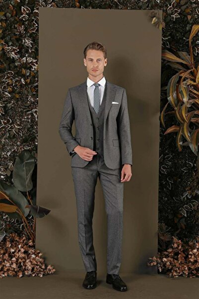 Efor Slim Fit Mono Yaka Doku Desenli Koyu Gri Yelekli Takım Elbise TK 873