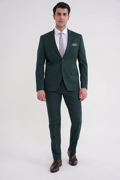 Efor Slim Fit Çift Yırtmaç Düz Yeşil Klasik Takım Elbise TK 913