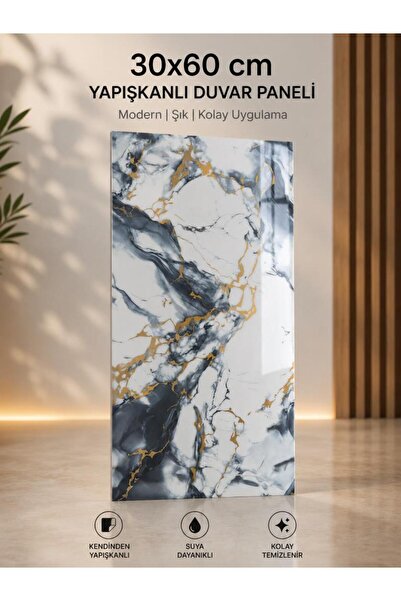Renkli Duvarlar 60x30cm Shiny Mavi Gold Mermer Desenli Yapışkanlı Mutfak Bany...