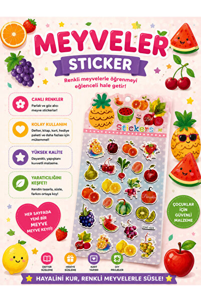 Pembe Pasaj Meyve Sebze Temalı Sticker - Çocuklar İçin Kabartmalı Sticker Etiket