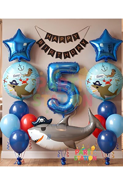 Parti Station Pirate Shark Themed 5Th Birthday Balloon Set & Happy Birthday B...