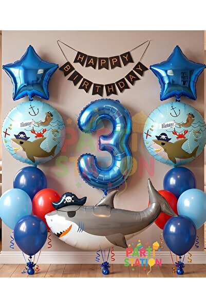 Parti Station Pirate Shark Themed 3Rd Birthday Balloon Set & Happy Birthday B...