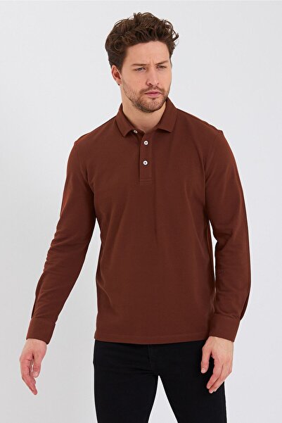 ENQUE Ανδρικό μπλουζάκι Polo Neck Comfort μακρυμάνικο Basic καφέ