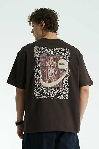 SHANBERWEAR Vav Nakışlı & Halı Motifli Oversize Erkek Tişört %100 Pamuk Bisik...