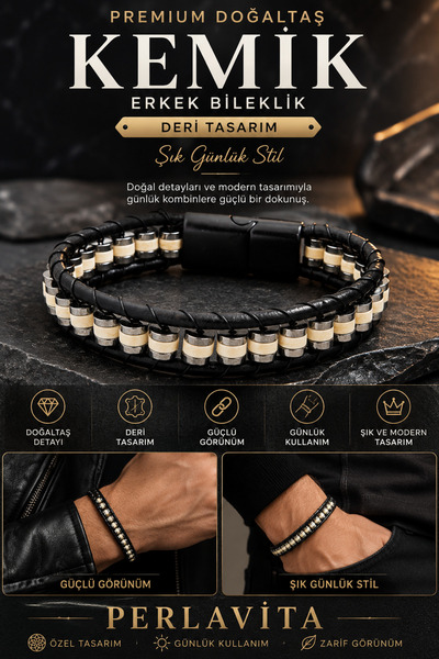 Perlavita Premium Doğal Taş Tasarım Deri Bileklik Serisi – Gerçek Doğal Taş k...