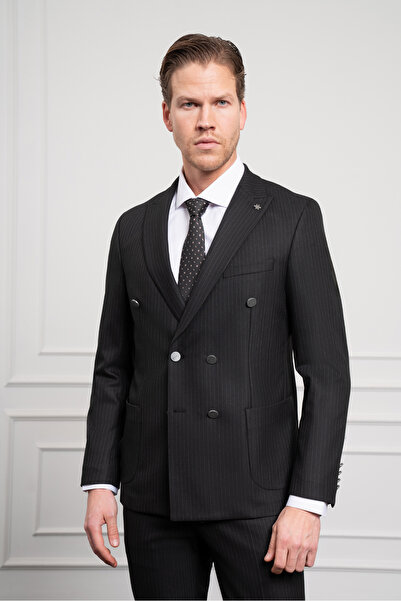 Morven Erkek Siyah Trend Kruvaze Slim Fit Dar Kesim Sivri Yaka Takım Elbise