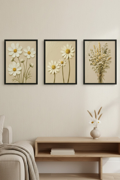 huhuli 3-Piece Daisy and Wildflowers Textured Look Wood Framed Mdf Painting S...