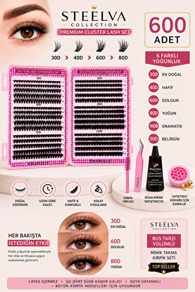 STEELVA Takma Kirpik 600 Adet Kirpik Seti Kitap Model 30-40-50-60-80-100 D Fa...