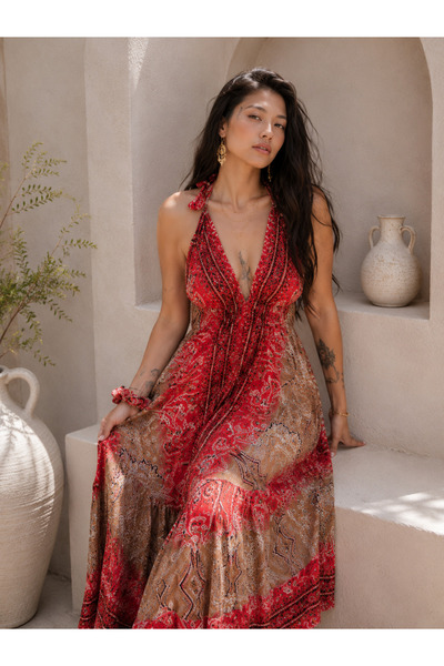 laviyonsa Ethnic Patterned Long Red-Brown Dress with Spike Details