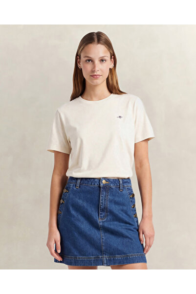 Gant Kadın Krem Bisiklet Yaka Regular Fit Logolu T-Shirt