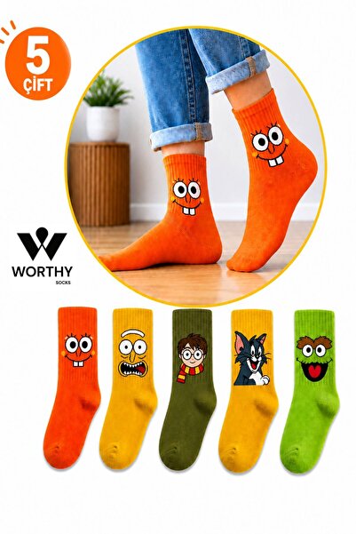 WORTHY SOCKS Set de 5 șosete unisex cu personaje drăguțe, 5 perechi