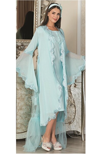 Mecit Pijama Mecit 5026 Τυρκουάζ Τούλι Λεπτομερές Νυχτικό εγκυμοσύνης με ρόμπα