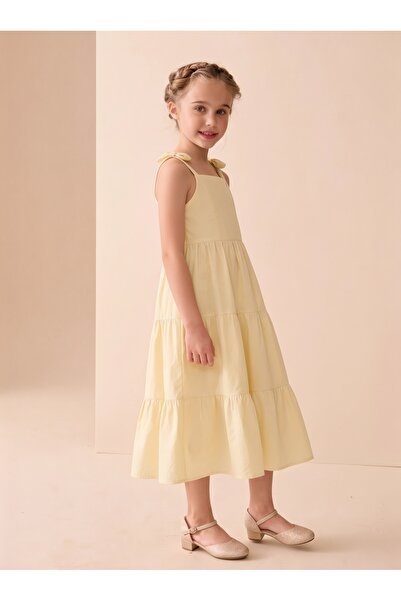 Tinymuyt Girl's Flounced Shoulder Lace-Up Woven Dress Yellow