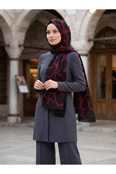 Vissona KREP TAŞ DESENLİ SİYAH - KIRMIZI RENKLİ 75X195 KIRIŞMAZ ŞAL