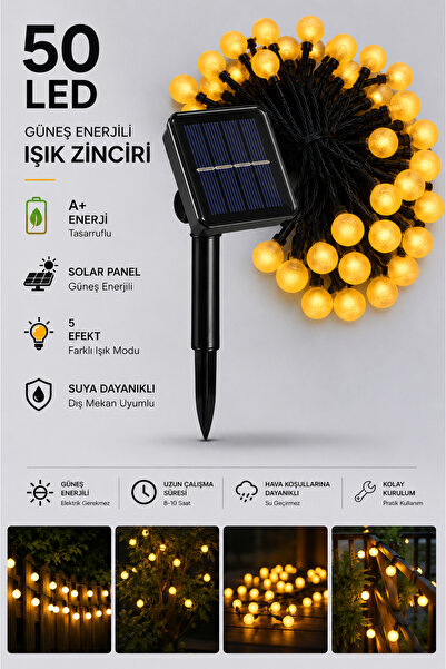 SULED Dekoratif 7 Metre 50 Kristal Top Led Solar Balkon Teras Ağaç Bahçe Aydı...
