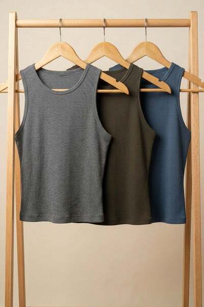 COTENCONCEPT 3 Pieces of Ribbed Fitted Viscose Blended Strappy T-Shirt