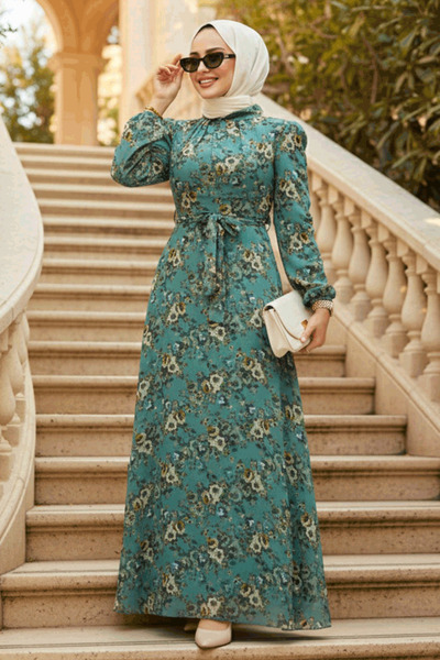 Neva Style Rochie Hijab verde cu modele florale 27947CY