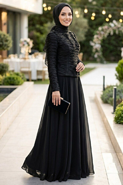 N.S NEVA STYLE فستان سهرة أسود بتفاصيل كشكشة 54912S