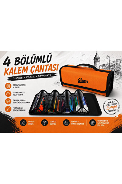 GLANCE 4 Bölümlü Turuncu Kalem Çantası Kulplu