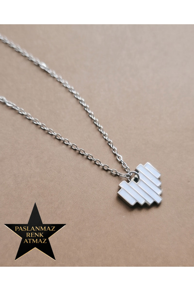 stainless steell 316L Steel Silver Pixel Heart Women's Necklace 40+5 cm Exten...