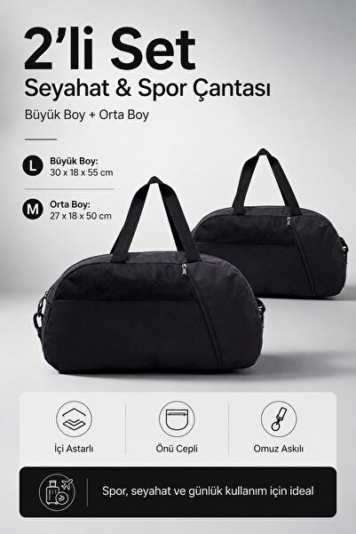 KAFF 2-Piece Black Hand Travel Sports Bag with Front Pocket and Adjustable Sh...
