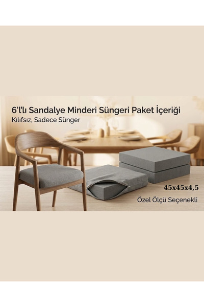 TURKISHRUG KINGDOM 6'lı Sandalye Minderi İçin Gri Sünger 45x45x4,5 Cm Kılıfsı...