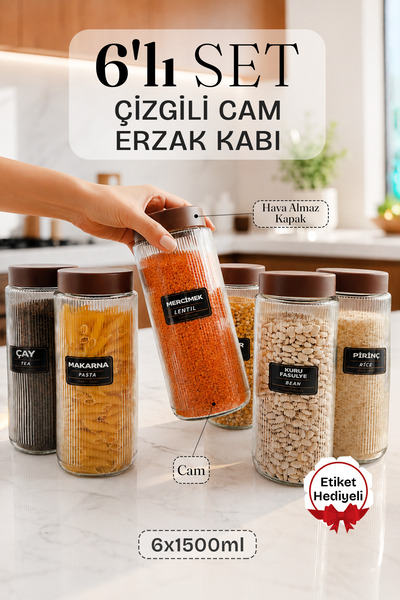 Lizzy 6 Lı Jumbo Boy Kapaklı Cam Erzak Kavanozu Saklama Kabı 1500 ml