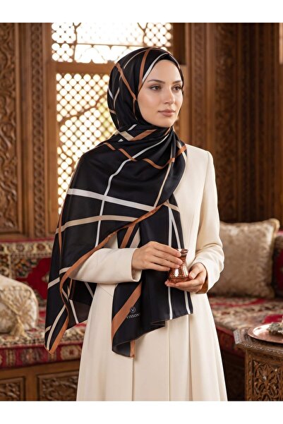 Vissona 100% Pure Silk Shawl Thin Satin Voile Woven Line Pattern Black - Tan ...