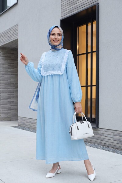 Modamorfo Removable Lace Vest, Elastic Sleeves, Lined Wrinkled Dress - Baby Blue