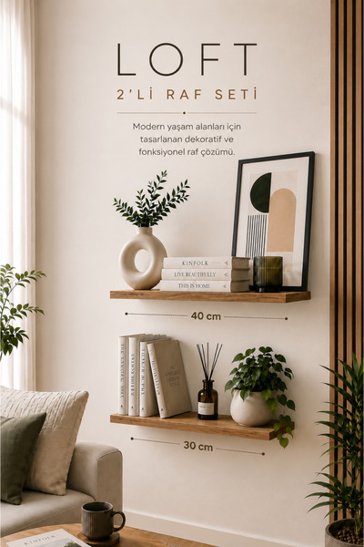 Atlanta Home Loft 2'li Dekoratif Duvar Rafı Seti Ahşap Duvar Rafı Salon Mutfa...